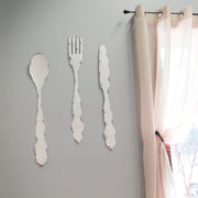 Rustic White Finish Metal Knife, Fork, and Spoon Wall Art: Decorative Utensil Set for Farmhouse Kitchen Decor, 30 Inches High