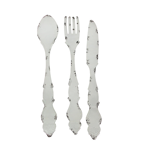 Rustic White Finish Metal Knife, Fork, and Spoon Wall Art: Decorative Utensil Set for Farmhouse Kitchen Decor, 30 Inches High