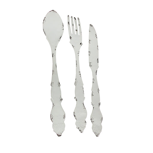 Rustic White Finish Metal Knife, Fork, and Spoon Wall Art: Decorative Utensil Set for Farmhouse Kitchen Decor, 30 Inches High