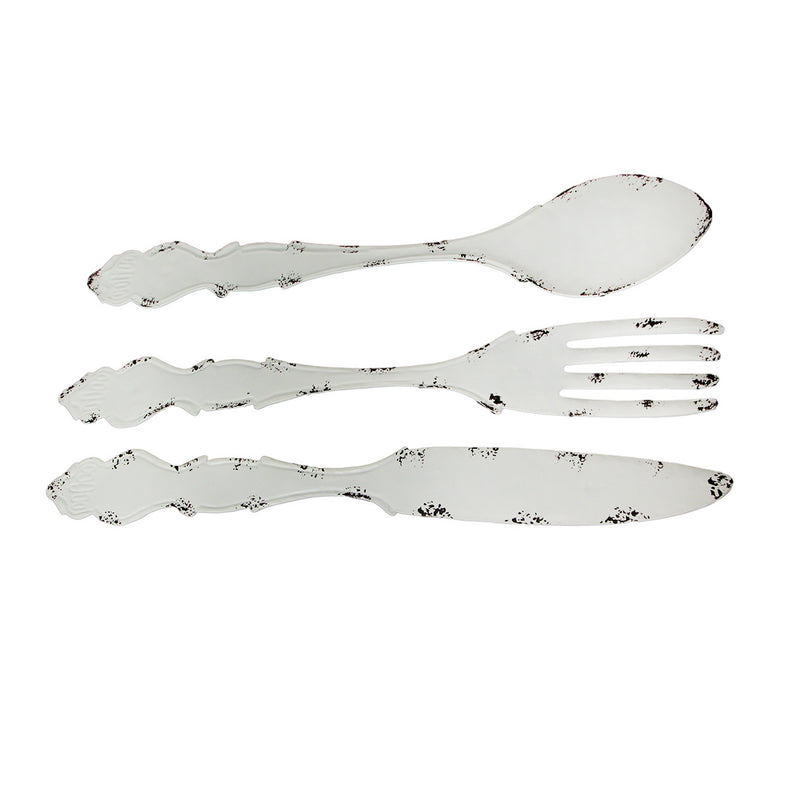 Rustic White Finish Metal Knife, Fork, and Spoon Wall Art: Decorative Utensil Set for Farmhouse Kitchen Decor, 30 Inches High