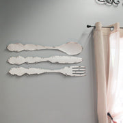 Rustic White Finish Metal Knife, Fork, and Spoon Wall Art: Decorative Utensil Set for Farmhouse Kitchen Decor, 30 Inches High