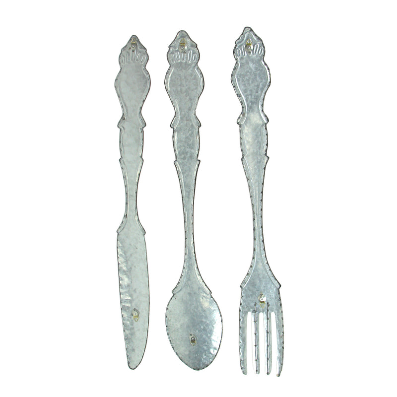 Galvanized Grey Metal Fork, Spoon, and Knife Farmhouse Kitchen Decor Wall Hanging Set - 31 Inches High - Transform Your