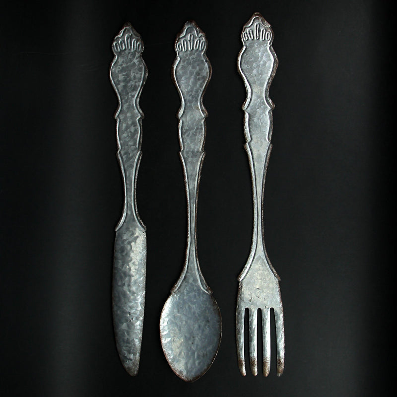 Galvanized Grey Metal Fork, Spoon, and Knife Farmhouse Kitchen Decor Wall Hanging Set - 31 Inches High - Transform Your