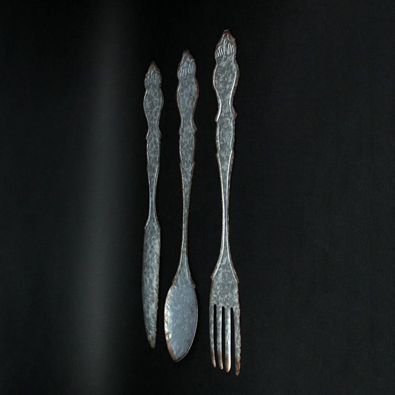 Galvanized Grey Metal Fork, Spoon, and Knife Farmhouse Kitchen Decor Wall Hanging Set - 31 Inches High - Transform Your