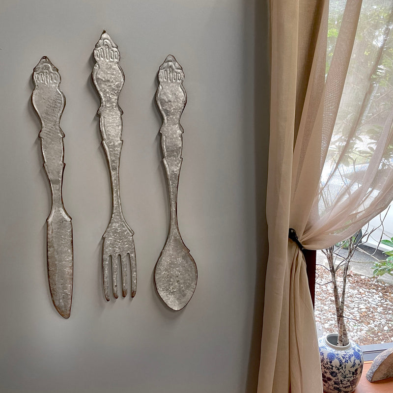 Galvanized Grey Metal Fork, Spoon, and Knife Farmhouse Kitchen Decor Wall Hanging Set - 31 Inches High - Transform Your