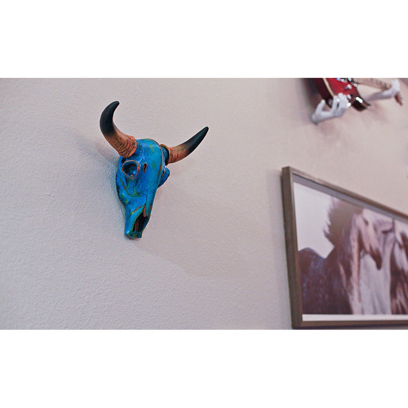 Turquoise Blue Bull Skull Wall Sculpture - Southwestern Decor Accent - 13 Inches High - Resin Steer Head - Unique Tie-Dye