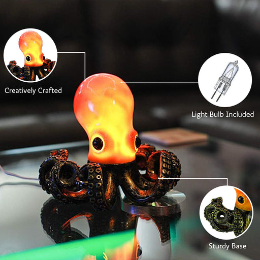 Bronze Resin Octopus Lamp: Coastal Elegance in Red-Orange Hue, Nautical Charm, Amber Glow - Decorative Table Light and Desk