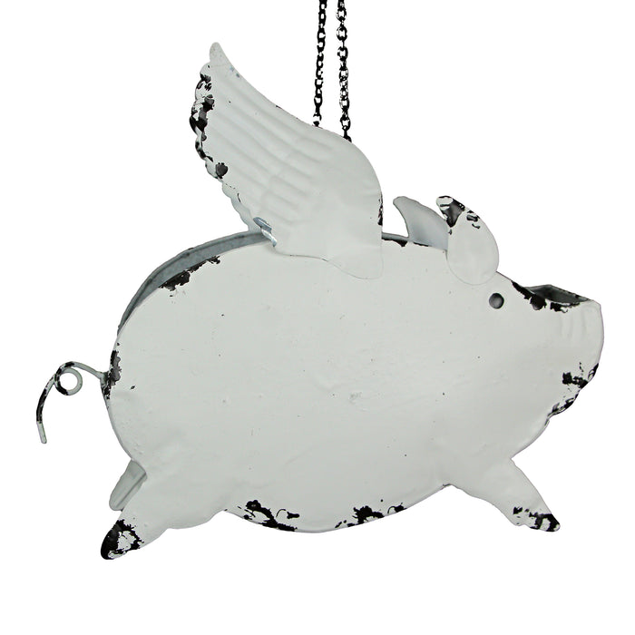 White - Image 3 - Set of 2 Distressed White Metal Flying Pig Hanging Planters - Whimsical Farmhouse-Style Outdoor Decor for