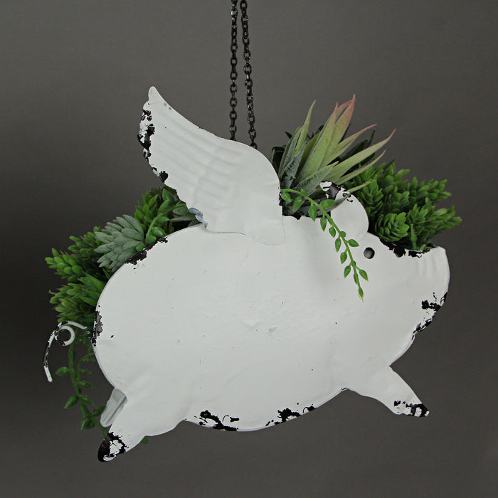 White - Image 7 - Set of 2 Distressed White Metal Flying Pig Hanging Planters - Whimsical Farmhouse-Style Outdoor Decor for