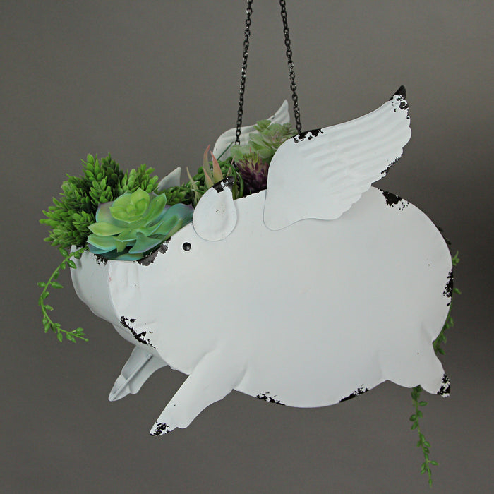 White - Image 8 - Set of 2 Distressed White Metal Flying Pig Hanging Planters - Whimsical Farmhouse-Style Outdoor Decor for