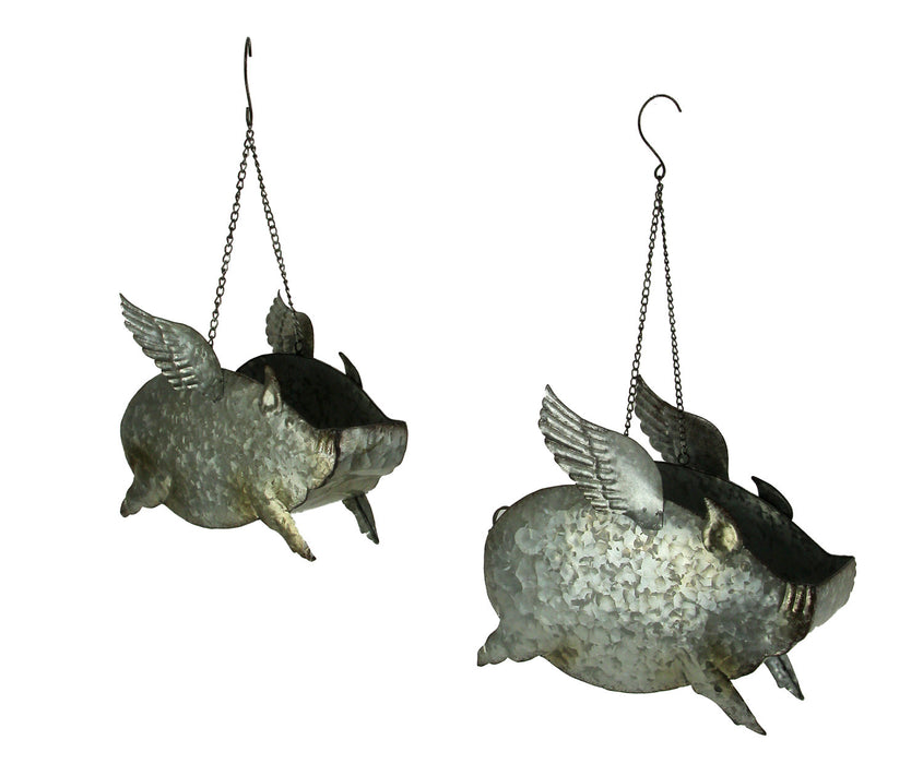 Gray - Image 1 - Set of 2 Distressed Galvanized Grey Metal Flying Pig Hanging Planters - Whimsical Indoor and Outdoor Decor