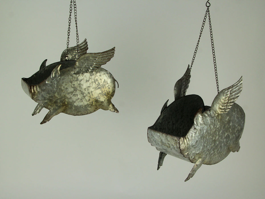 Gray - Image 2 - Set of 2 Distressed Galvanized Grey Metal Flying Pig Hanging Planters - Whimsical Indoor and Outdoor Decor