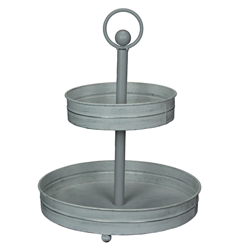 White - Image 1 - Distressed Washed White Metal Rustic Round Two-Tier Farmhouse Tray Serving Stand Display Decor – 16 Inches