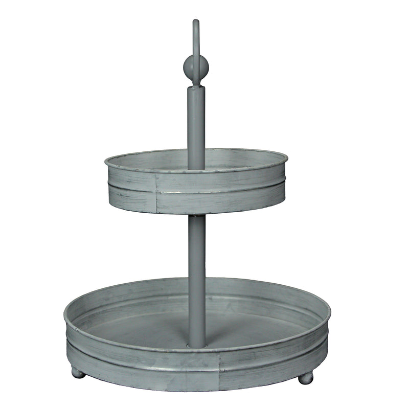 White - Image 3 - Distressed Washed White Metal Rustic Round Two-Tier Farmhouse Tray Serving Stand Display Decor – 16 Inches