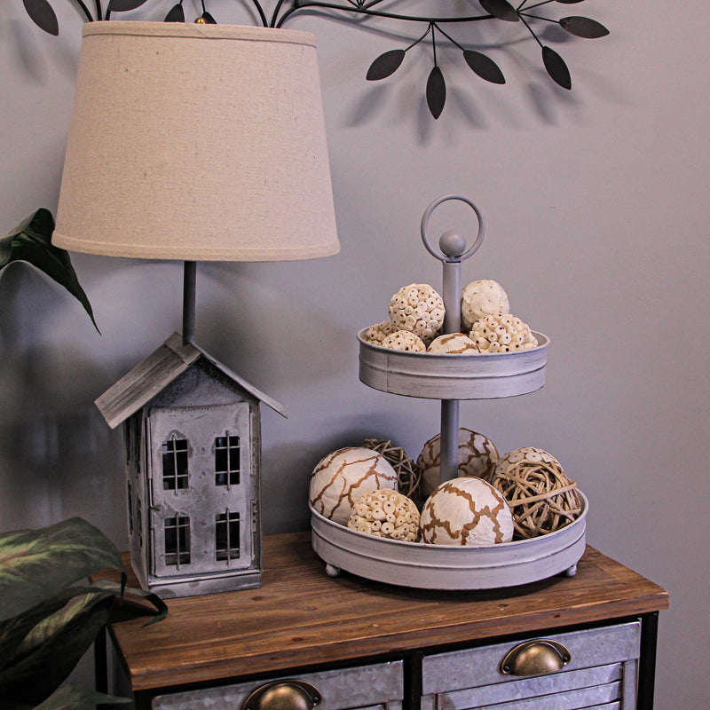 White - Image 4 - Distressed Washed White Metal Rustic Round Two-Tier Farmhouse Tray Serving Stand Display Decor – 16 Inches