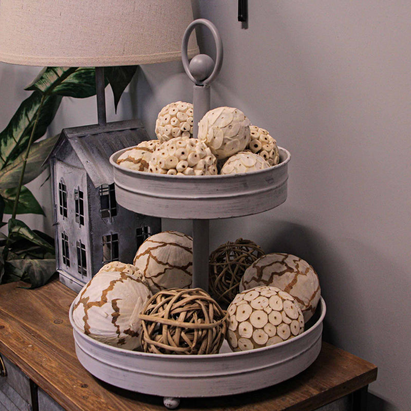 White - Image 5 - Distressed Washed White Metal Rustic Round Two-Tier Farmhouse Tray Serving Stand Display Decor – 16 Inches