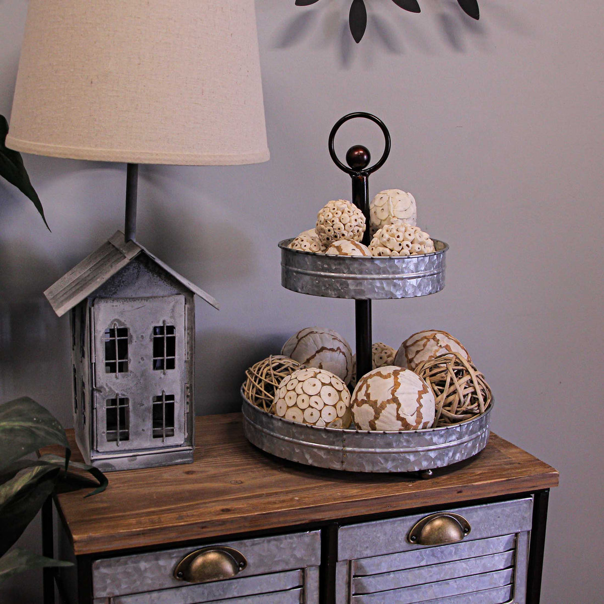 Metal Rustic Round Two Tier Country Farmhouse Tray Serving Stand