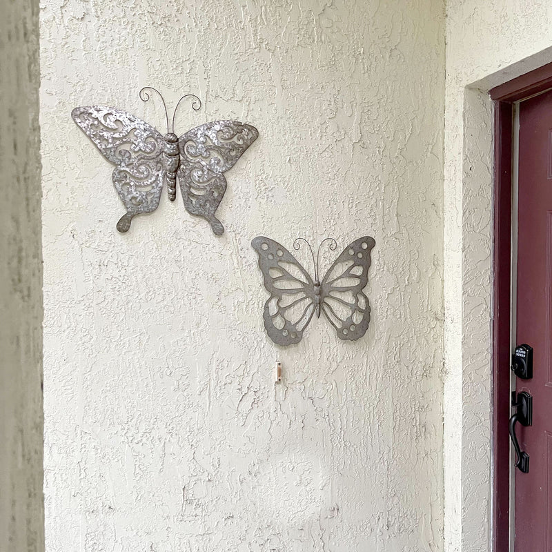 Enchanting Set of 2 Galvanized Grey Metal Cutout Butterfly Wall Sculptures 23.5 Inches Long - Outdoor or Indoor Decorations