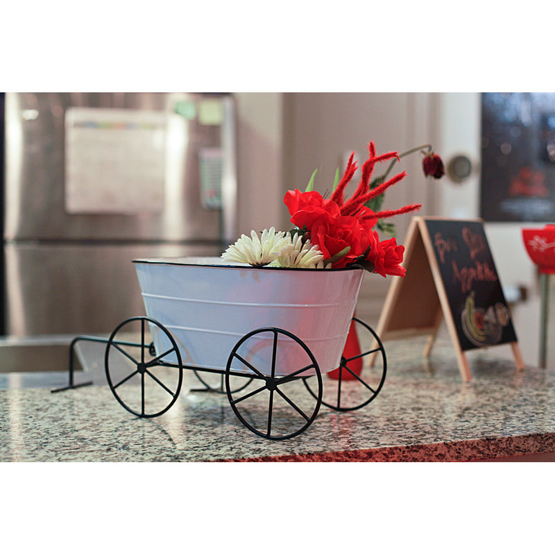 Charming White Enamelware Metal Farmhouse Style Decorative Wagon Garden Planter - Rustic Elegance For Gardens, Patios and