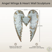 Zeckos Galvanized Metal Angel Wings Heart Wall Sculpture, 27.5 Inches High Image 4
