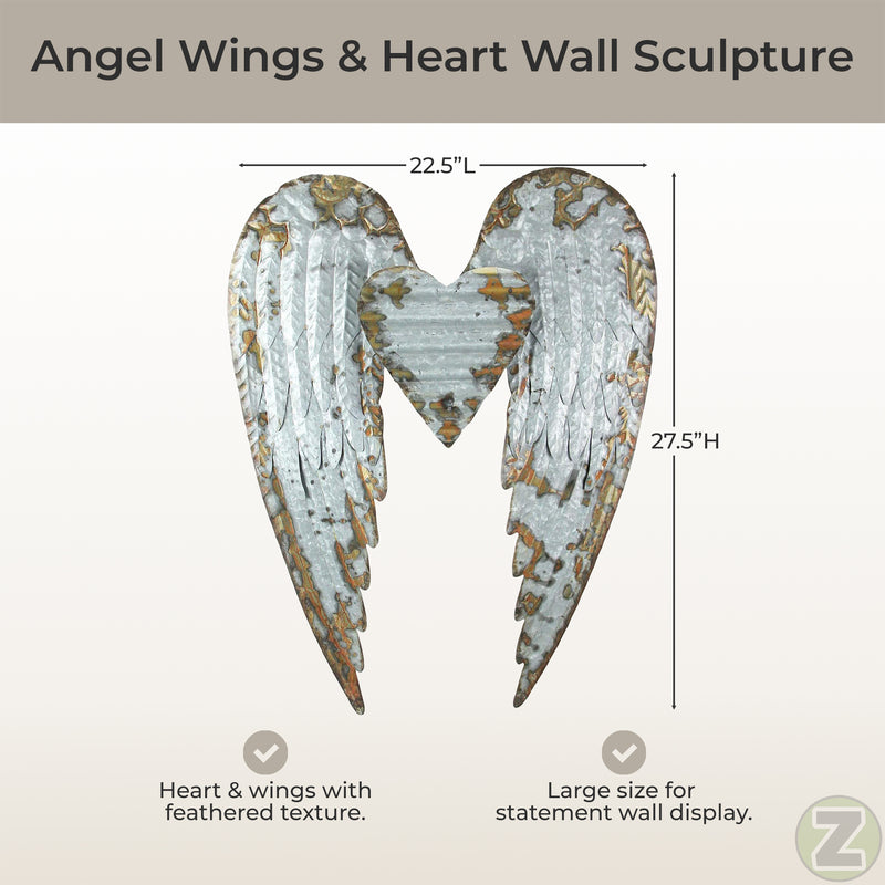 Zeckos Galvanized Metal Angel Wings Heart Wall Sculpture, 27.5 Inches High Image 4