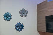 Set of 3 Vintage Blue-Grey Metal Flower Wall Hanging Art Sculptures, 11.5 Inches in Diameter – Blooming Elegance -