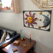 Celestial Sun, Moon, and Stars Tri-Color Metal Indoor-Outdoor Wall Décor 30 Inches Long, Evokes Cosmic Harmony and Adds