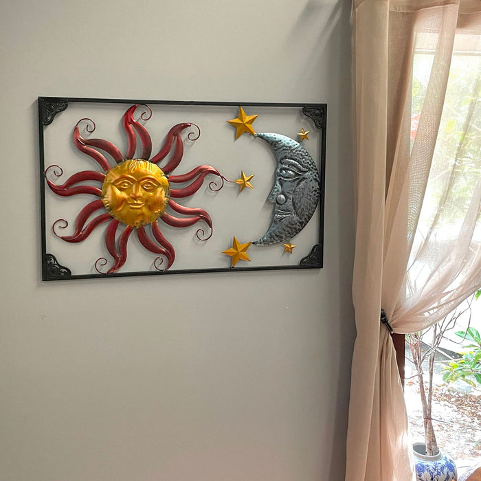 30-Inch Long Gold, Copper, and Silver Finish Sun, Moon, and Stars Metal Wall Hanging - Versatile Indoor/Outdoor Masterpiece