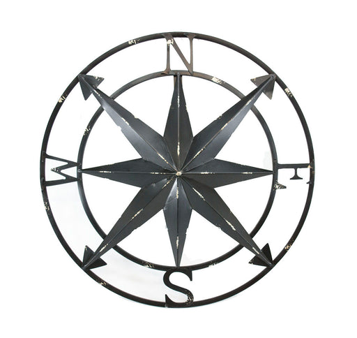 Distressed Metal Nautical Compass Rose Wall Décor - Rustic 20-Inch Diameter Hanging Art with Vintage Black Enamel Finish -