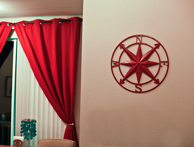 Distressed Red Metal Nautical Compass Rose Wall Hanging - Indoor and Outdoor Decor - 20 Inches Diameter Rustic Charm -