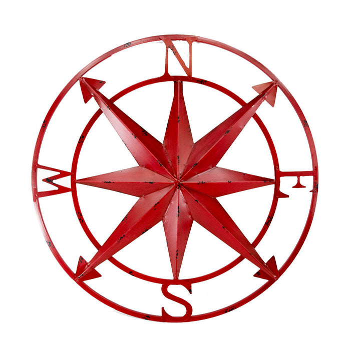 Distressed Red Metal Nautical Compass Rose Wall Hanging - Indoor and Outdoor Decor - 20 Inches Diameter Rustic Charm -