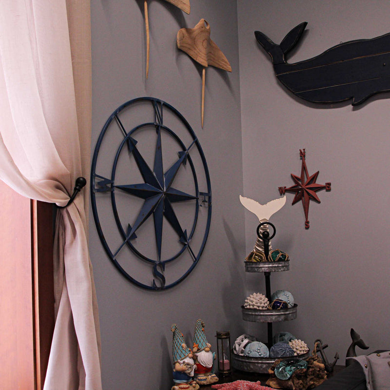 Blue - Image 5 - 28-Inch Diameter Distressed Blue Finish Metal Nautical Compass Rose Wall Hanging - Rustic Navigational