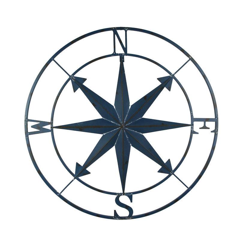 Blue - Image 1 - 28-Inch Diameter Distressed Blue Finish Metal Nautical Compass Rose Wall Hanging - Rustic Navigational