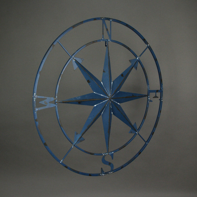 Blue - Image 3 - 28-Inch Diameter Distressed Blue Finish Metal Nautical Compass Rose Wall Hanging - Rustic Navigational