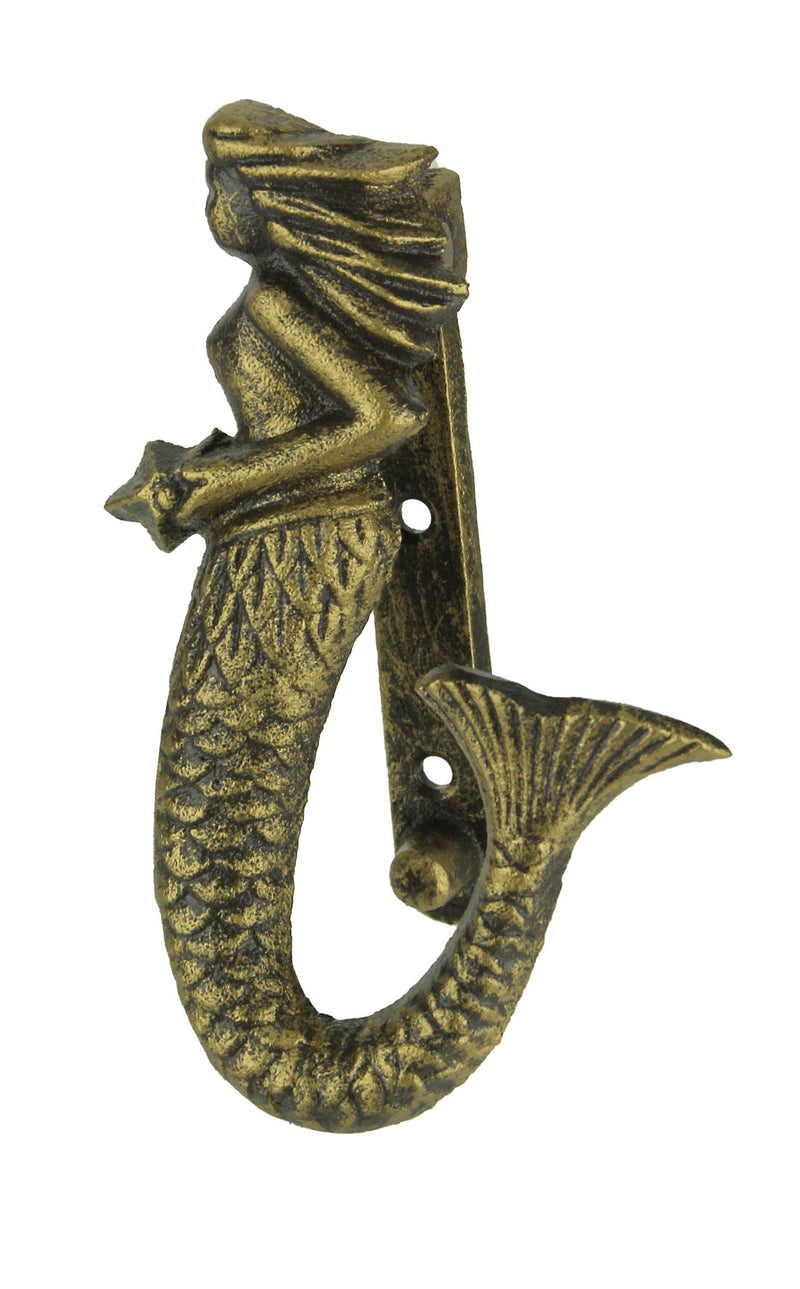 Zeckos Enchanting Antique Bronze Finish Cast Iron Mermaid Door Knocker - Decorative Coastal Fantasy Accent for Front Doors -