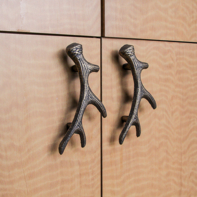 Set of 6 Antique Bronze Finish Cast Iron Deer Antler Drawer Pulls – Perfect for Cabinets and Dressers, 6.25 Inches Long,