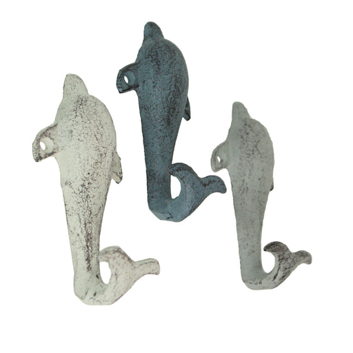 Set of 3 Colorful Coastal Cast Iron Dolphin Decorative Wall Hooks 5 inch Ocean Décor Image 1