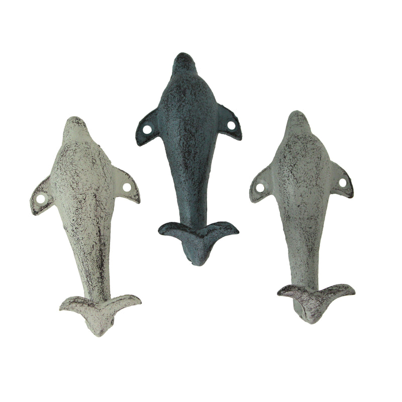 Set of 3 Vibrant Cast Iron Dolphin Shaped Wall Hooks for Coastal Charm and Organization in Your Home - Decorative Colorful