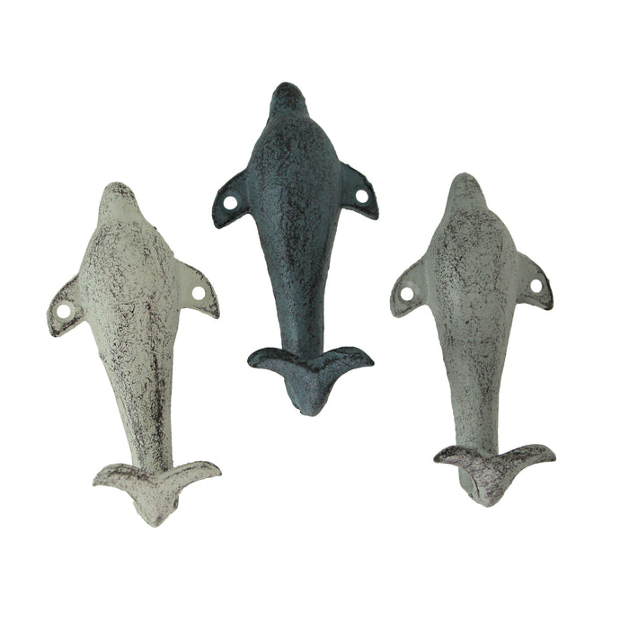 Set of 3 Colorful Coastal Cast Iron Dolphin Decorative Wall Hooks 5 inch Ocean Décor Image 2