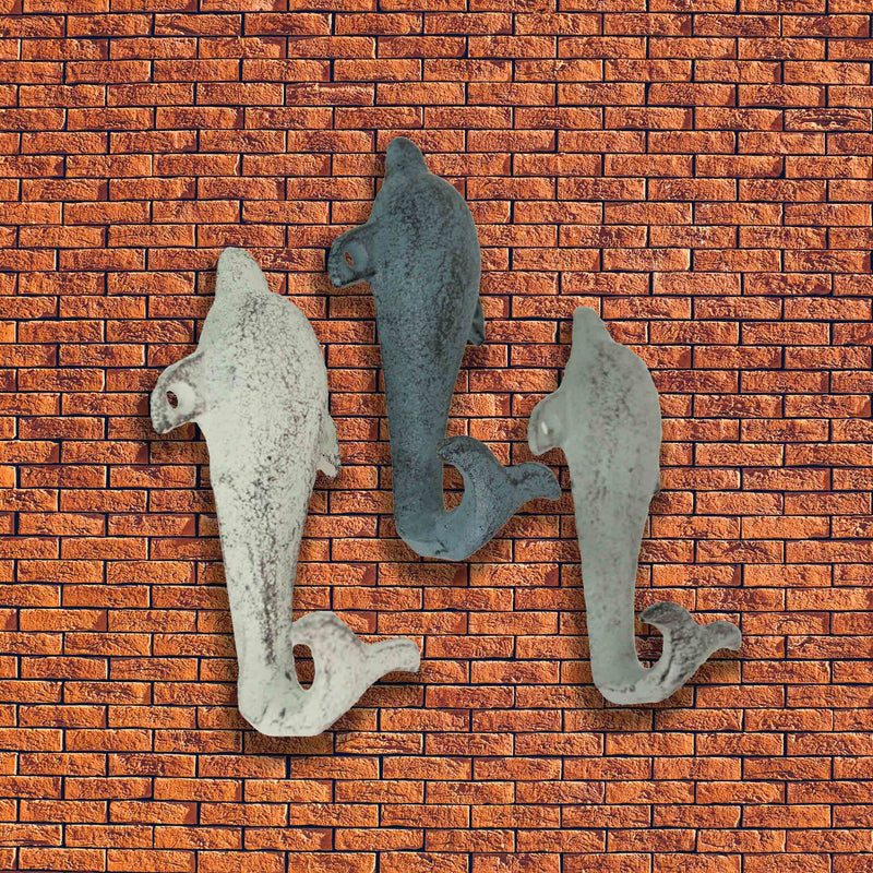Set of 3 Vibrant Cast Iron Dolphin Shaped Wall Hooks for Coastal Charm and Organization in Your Home - Decorative Colorful