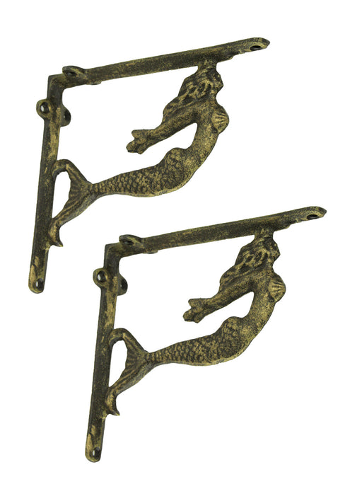 Bronze - Image 1 - Set of 2 Brown Cast Iron Swimming Mermaid Metal Decorative Shelf Brackets - Coastal Decor Shelves Mounting