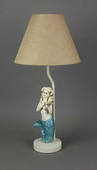 1 - Image 2 - Blue Glitter Tail Mermaid Resin Table Lamp with Burlap Shade, Ideal for Beachy Bedrooms and Nautical-Themed