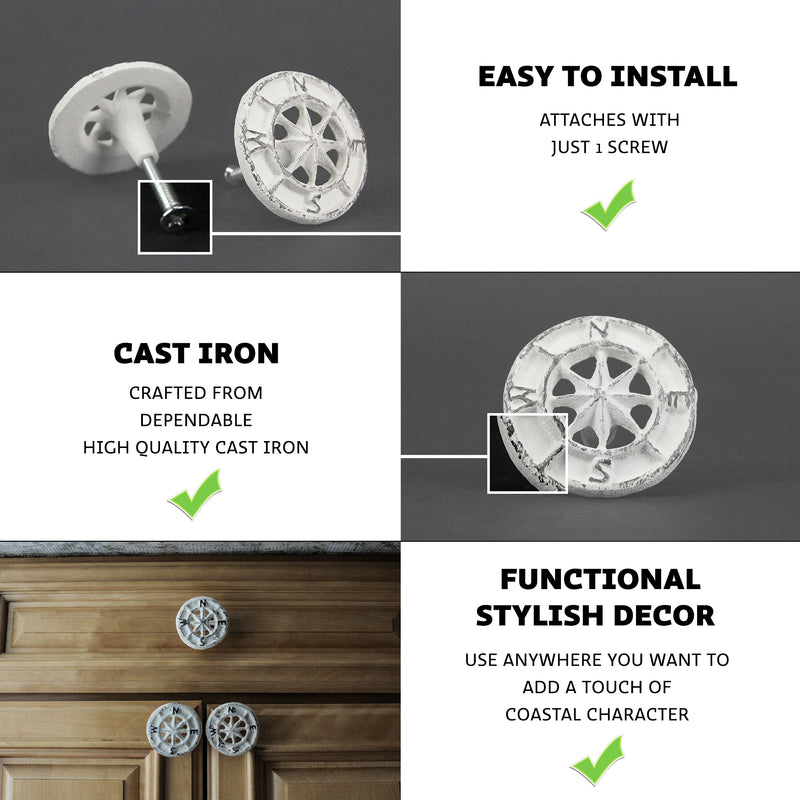 White - Image 2 - Set of 12 Compass Rose Drawer Pulls, Antique White 2.25 Inch Diameter