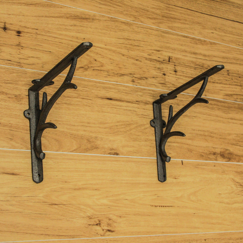 Brown - Image 6 - Set of 2 Rustic Brown Cast Iron Deer Antler Wall Shelf Brackets - Western Charm for Home Decor - Sturdy 10
