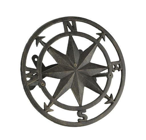Bronze Finish Cast Iron Nautical Compass Rose Decorative Wall Mounted Garden Hose Hanger - Easy to Install - Coastal Outdoor
