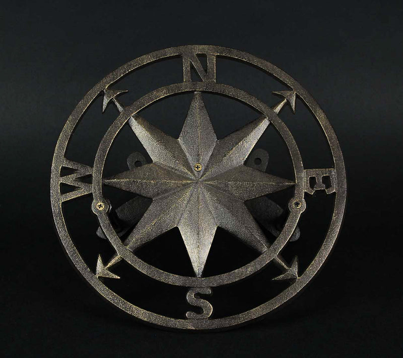 Bronze Finish Cast Iron Nautical Compass Rose Decorative Wall Mounted Garden Hose Hanger - Easy to Install - Coastal Outdoor