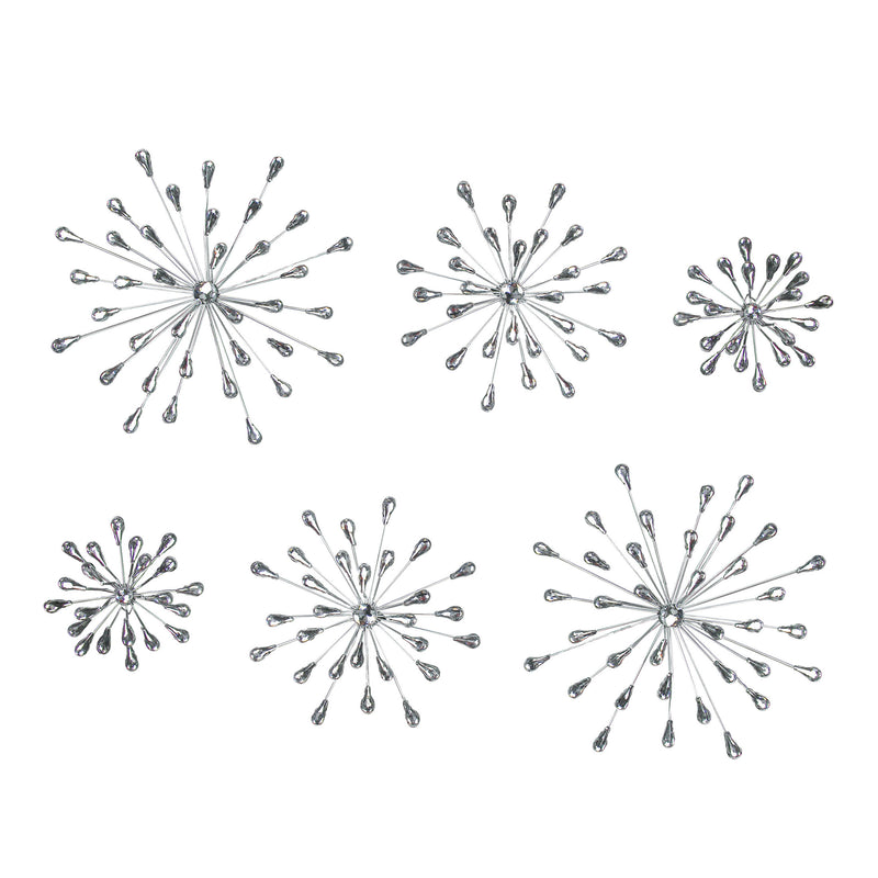 Set of 6 Metal Starburst Wall Sculptures - Silver Finish, Durable & Elegant Home Decor - 12, 9, 6 inch Diameter, Easy to