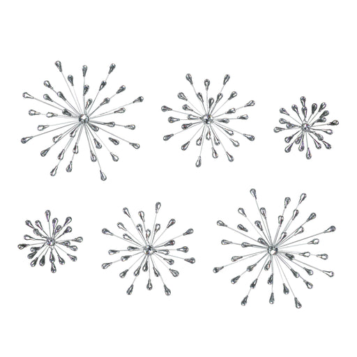 Set of 6 Metal Starburst Wall Sculptures - Silver Finish, Durable & Elegant Home Decor - 12, 9, 6 inch Diameter, Easy to