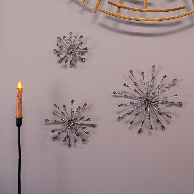 Set of 6 Metal Starburst Wall Sculptures - Silver Finish, Durable & Elegant Home Decor - 12, 9, 6 inch Diameter, Easy to