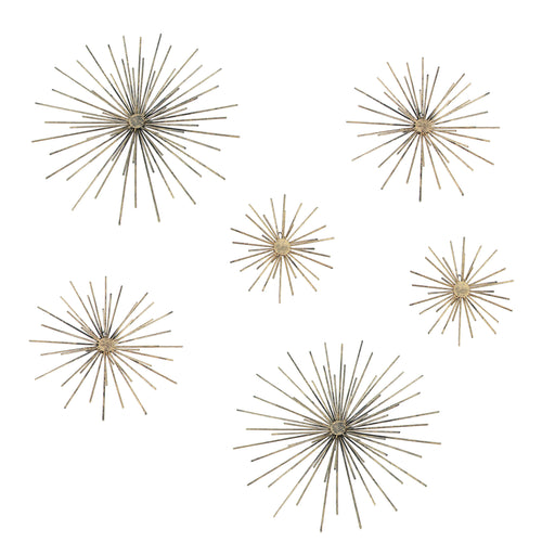 Set of 6 Antique Gold Finish Mid-Century Modern Starburst Metal Wall Sculptures in 12, 9, and 6-Inch Diameter - Radiant